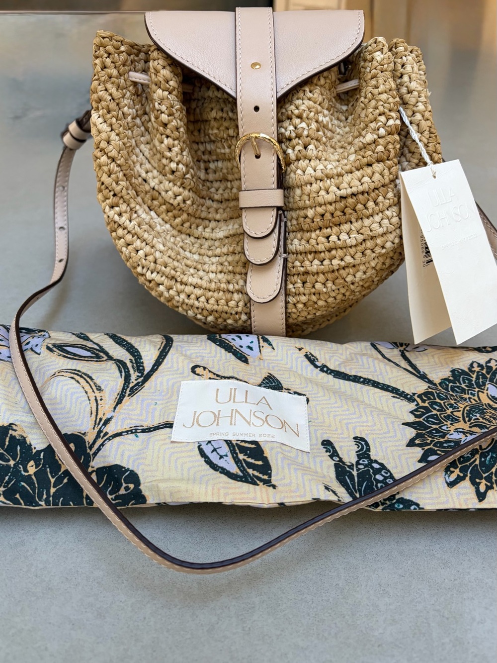 Ulla Johnson Raffia Paloma Ruched Crossbody in Natural from their 2022 line.